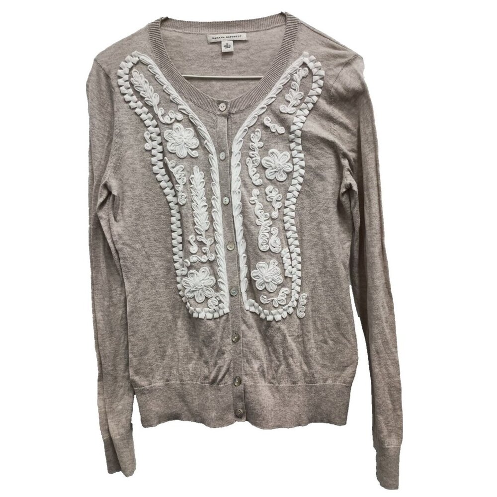 Banana Republic Rosette Cardigan Womens Large Cream Button Front Preppy Neutral